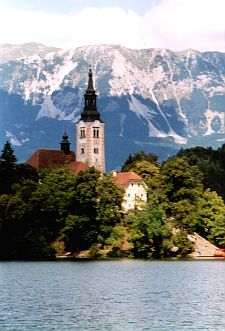 The islet and church in the middle of the lake