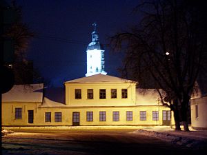 City centre of Nyazvizh, view direction city hall